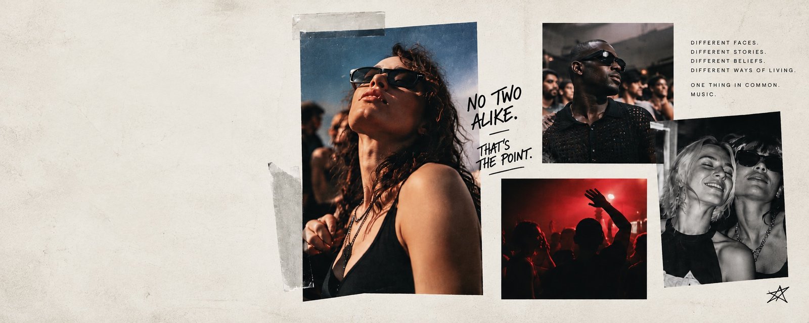 Collage of people on the dance floor. No two alike. That’s the point. Different faces, different stories, different beliefs, different ways of living. One thing in common: music.